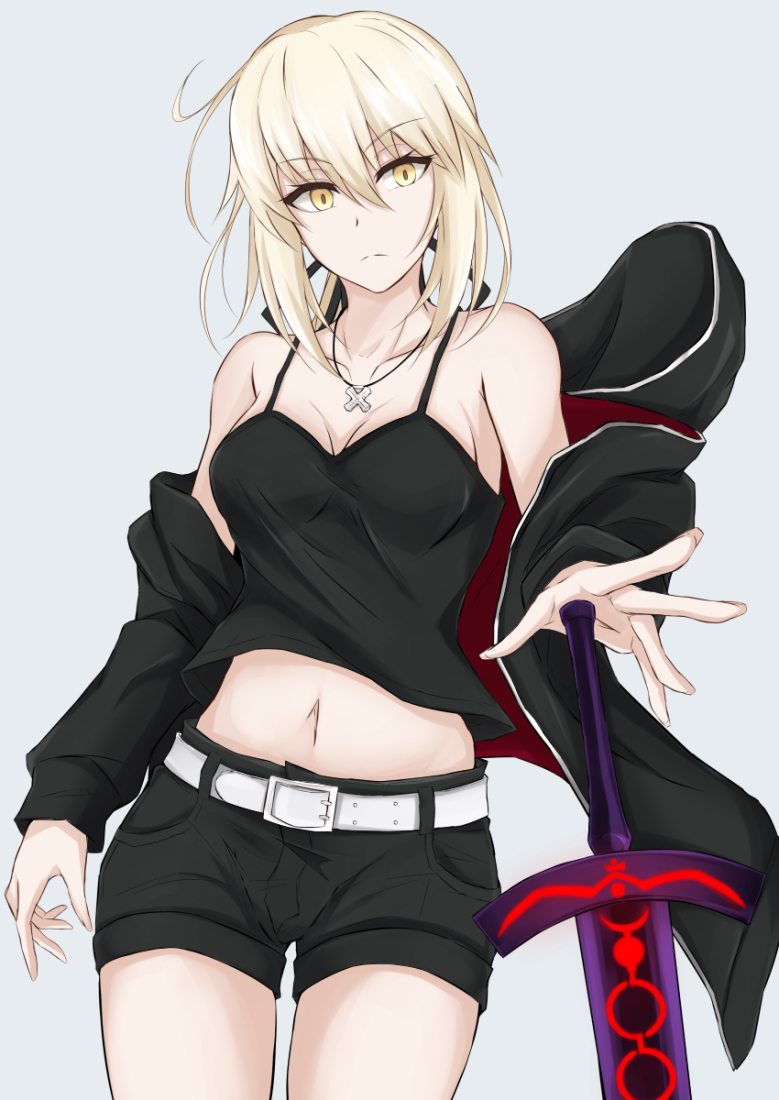 1girl artoria_pendragon_(all) bare_shoulders belt black_shorts blonde_hair breasts cleavage commentary_request fate/grand_order fate/stay_night fate_(series) hood hooded_jacket jacket looking_at_viewer medium_breasts midriff off_shoulder piro_(iiiiiiiiii) saber_alter short_shorts shorts solo spaghetti_strap sword weapon white_belt yellow_eyes