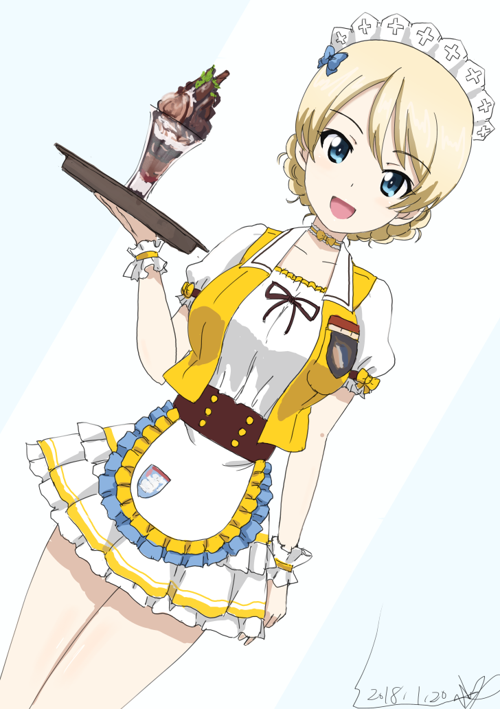 1girl :d alternate_costume apron artist_name bangs blonde_hair blue_bow blue_eyes bow braid bukkuri choker coco's cowboy_shot darjeeling dated dutch_angle emblem eyebrows_visible_through_hair food frilled_apron frilled_shirt frilled_skirt frills girls_und_panzer glass hair_bow holding ice_cream jacket layered_skirt looking_at_viewer maid_headdress miniskirt open_mouth pleated_skirt puffy_short_sleeves puffy_sleeves ribbon_choker shirt short_hair short_sleeves signature skirt smile solo st._gloriana's_(emblem) standing sundae tied_hair tray twin_braids waist_apron waitress white_shirt white_skirt wristband yellow_choker yellow_jacket