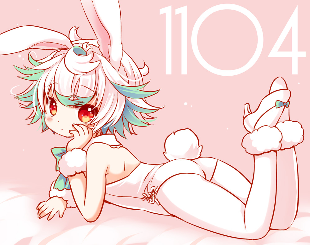 1girl animal_ears bangs bare_shoulders bed_sheet blush bow bunny_girl bunny_tail bunnysuit closed_mouth commentary_request detached_collar eyebrows_visible_through_hair fingernails full_body green_bow green_hair head_rest high_heels leotard looking_at_viewer looking_to_the_side lying made_in_abyss multicolored_hair on_stomach pantyhose pink_background prushka rabbit_ears red_eyes sakurazawa_izumi short_hair solo strapless strapless_leotard tail two-tone_hair white_collar white_footwear white_hair white_legwear white_leotard wristband