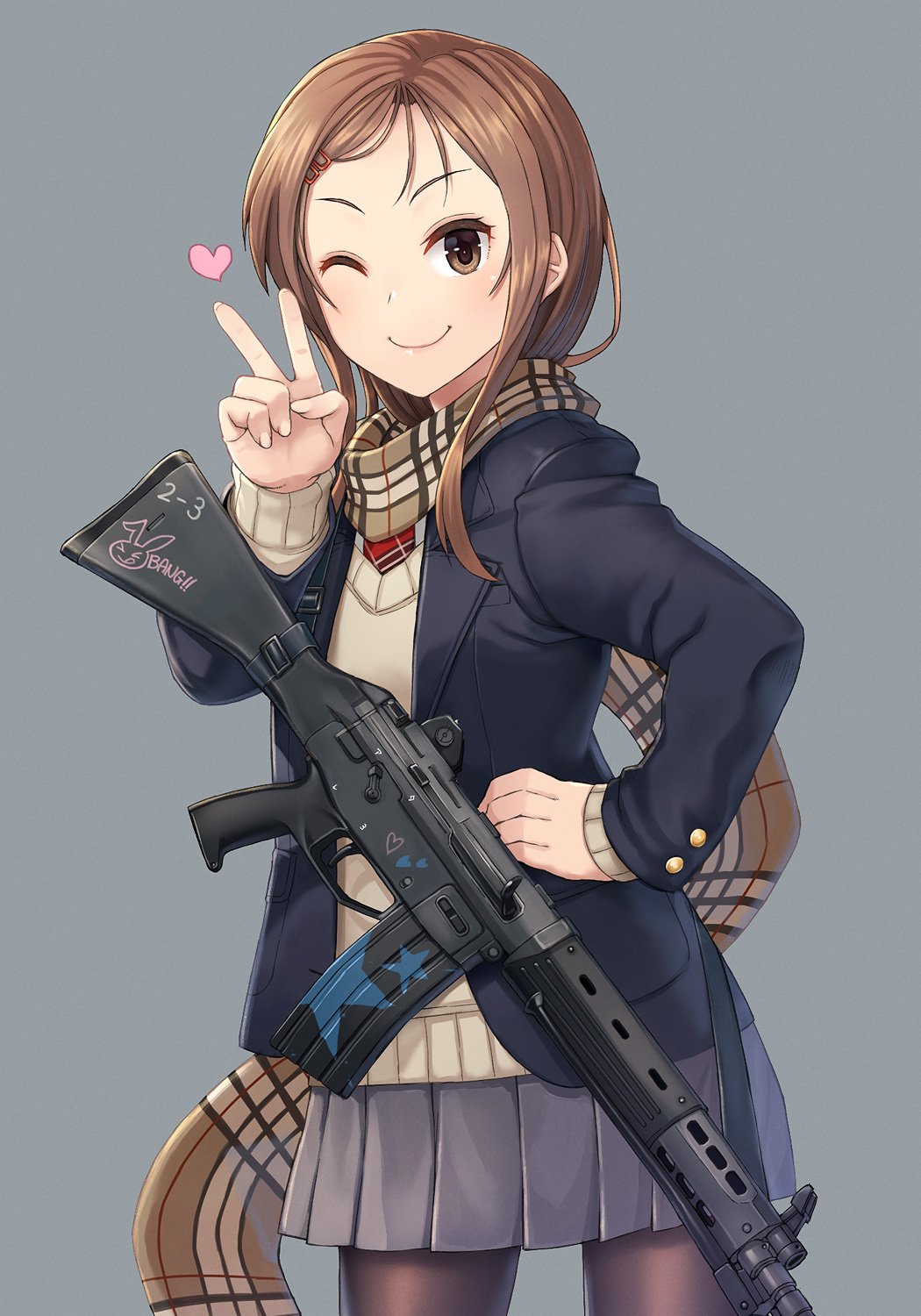 &gt;_&lt; 1girl ;) black_jacket blazer brown_eyes brown_hair brown_legwear brown_scarf closed_mouth cowboy_shot forehead grey_background grey_skirt gun hair_ornament hairclip hand_on_hip hand_up heart highres itou_(onsoku_tassha) jacket legs_apart lips long_sleeves looking_at_viewer miniskirt one_eye_closed open_blazer open_clothes open_jacket original pantyhose pleated_skirt red_neckwear school_uniform sidelocks simple_background skirt smile smiley_face solo standing v weapon weapon_request