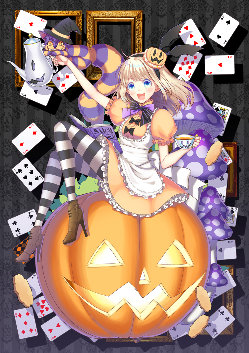 1girl :d alice_(wonderland) alice_in_wonderland apron black_background blonde_hair blue_eyes blush book brown_footwear card cat cheshire_cat cookie cup dress eyebrows_visible_through_hair food frilled_apron frills grin hairband halloween hat high_heels highres holding jack-o'-lantern kanno_sayu long_hair looking_at_viewer lying mushroom on_stomach open_book open_mouth orange_dress orange_sclera original outstretched_arm picture_frame playing_card puffy_short_sleeves puffy_sleeves short_sleeves silhouette sitting slit_pupils smile striped striped_legwear striped_neckwear teacup teapot vertical-striped_background vertical_stripes waist_apron white_apron witch_hat