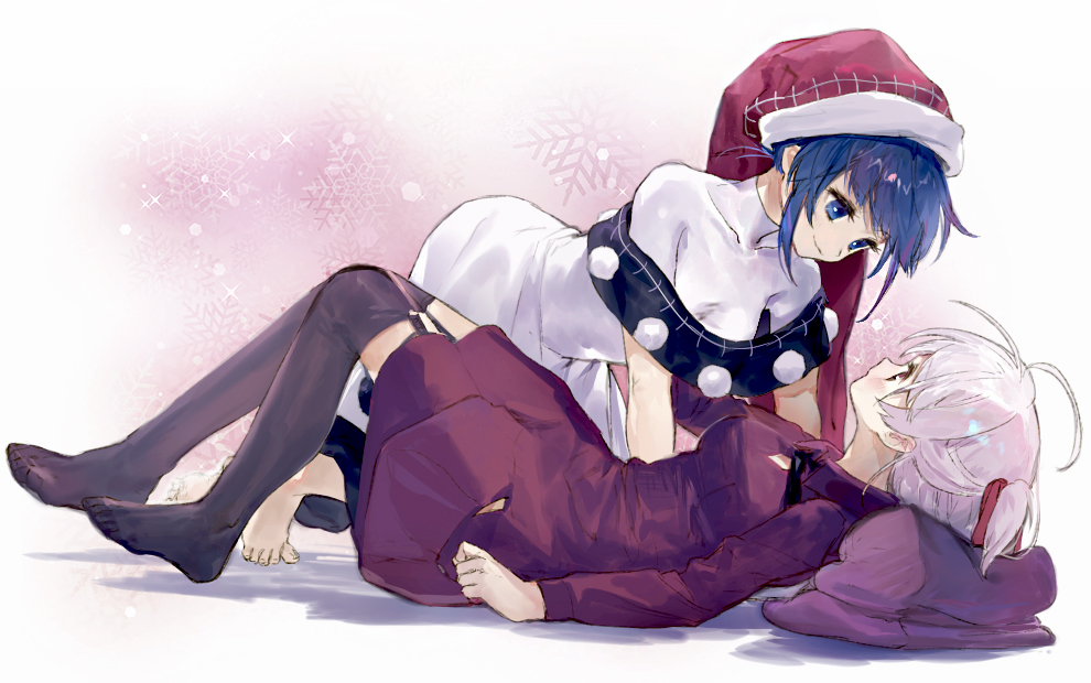 2girls ainy77 barefoot black_legwear blue_eyes blue_hair commentary_request doremy_sweet dress garter_straps hat kishin_sagume knees_up lying multiple_girls nightcap no_shoes on_back over-kneehighs purple_dress red_eyes red_hat short_hair silver_hair smile thigh-highs touhou turtleneck white_dress yuri