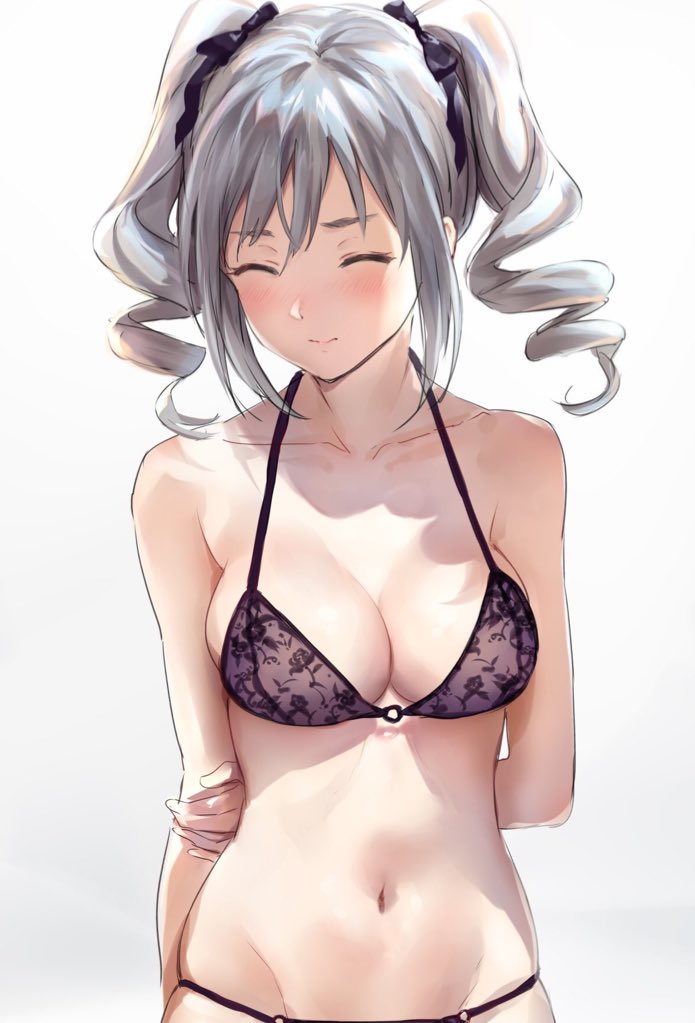 1girl arms_behind_back bangs bare_shoulders black_bra blush bow bra breasts cleavage closed_eyes collarbone drill_hair floral_print hair_bow idolmaster idolmaster_cinderella_girls kanzaki_ranko medium_breasts navel rose_print silver_hair simple_background solo stenciled_rose takeashiro twin_drills twintails underwear waist white_background