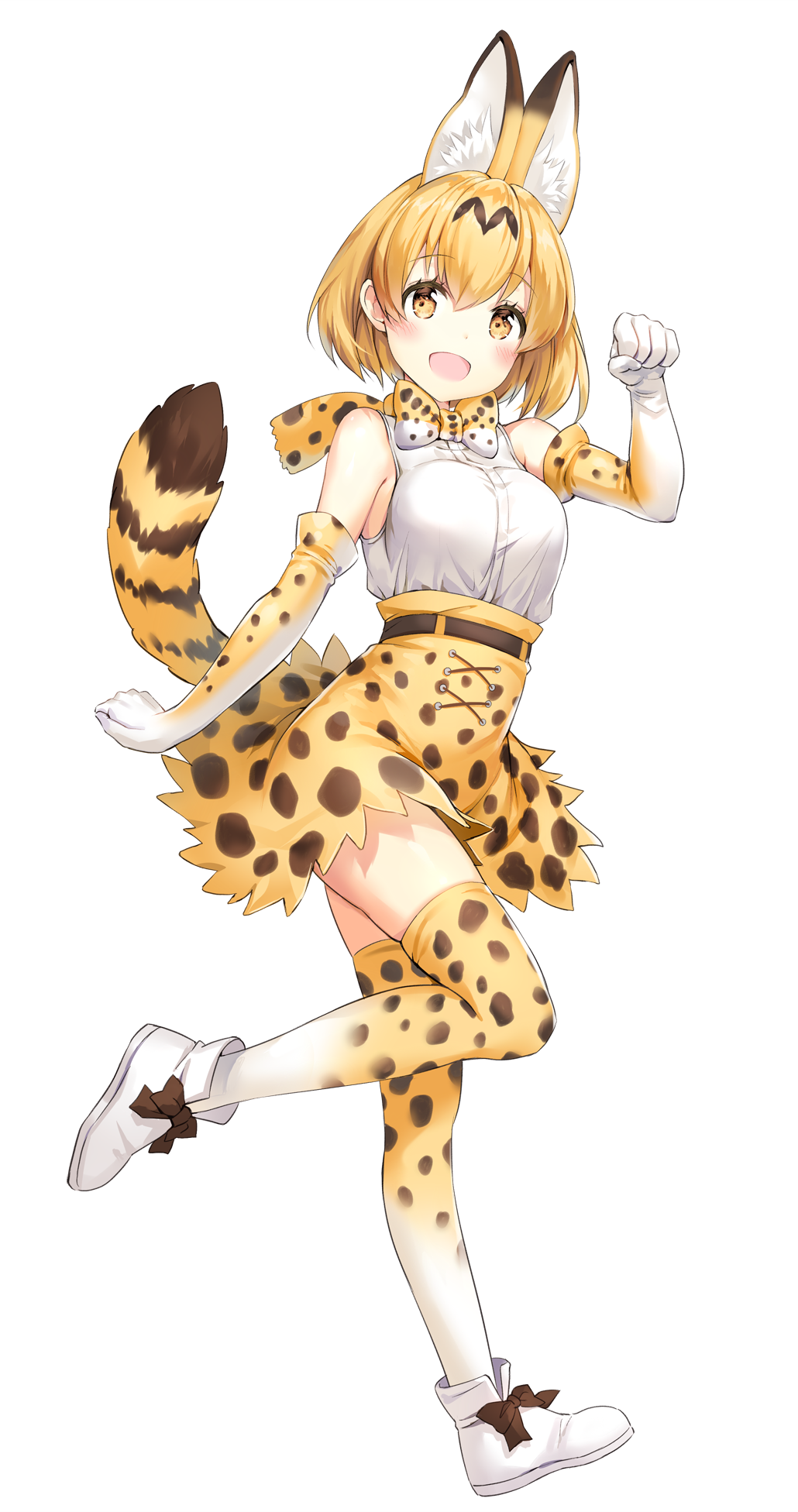 1girl :d animal_ears bangs belt blonde_hair blush boots bow bowtie breasts clenched_hand elbow_gloves extra_ears eyebrows_visible_through_hair full_body gloves highres kemono_friends looking_at_viewer marmoset_(marmoset0) medium_breasts open_mouth paw_pose serval_(kemono_friends) serval_ears serval_print serval_tail short_hair simple_background skirt sleeveless smile solo standing standing_on_one_leg tail thigh-highs white_background white_footwear yellow_eyes zettai_ryouiki