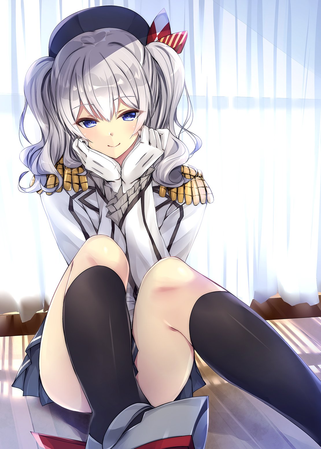 1girl beret black_hat black_legwear black_skirt blue_eyes day epaulettes eyebrows_visible_through_hair frilled_sleeves frills gloves hands_on_own_cheeks hands_on_own_face hat highres indoors jacket kantai_collection kashima_(kantai_collection) kobayashi_chisato long_hair long_sleeves looking_at_viewer pleated_skirt shadow shoes silver_hair sitting skirt smile socks solo twintails uniform white_gloves white_jacket window