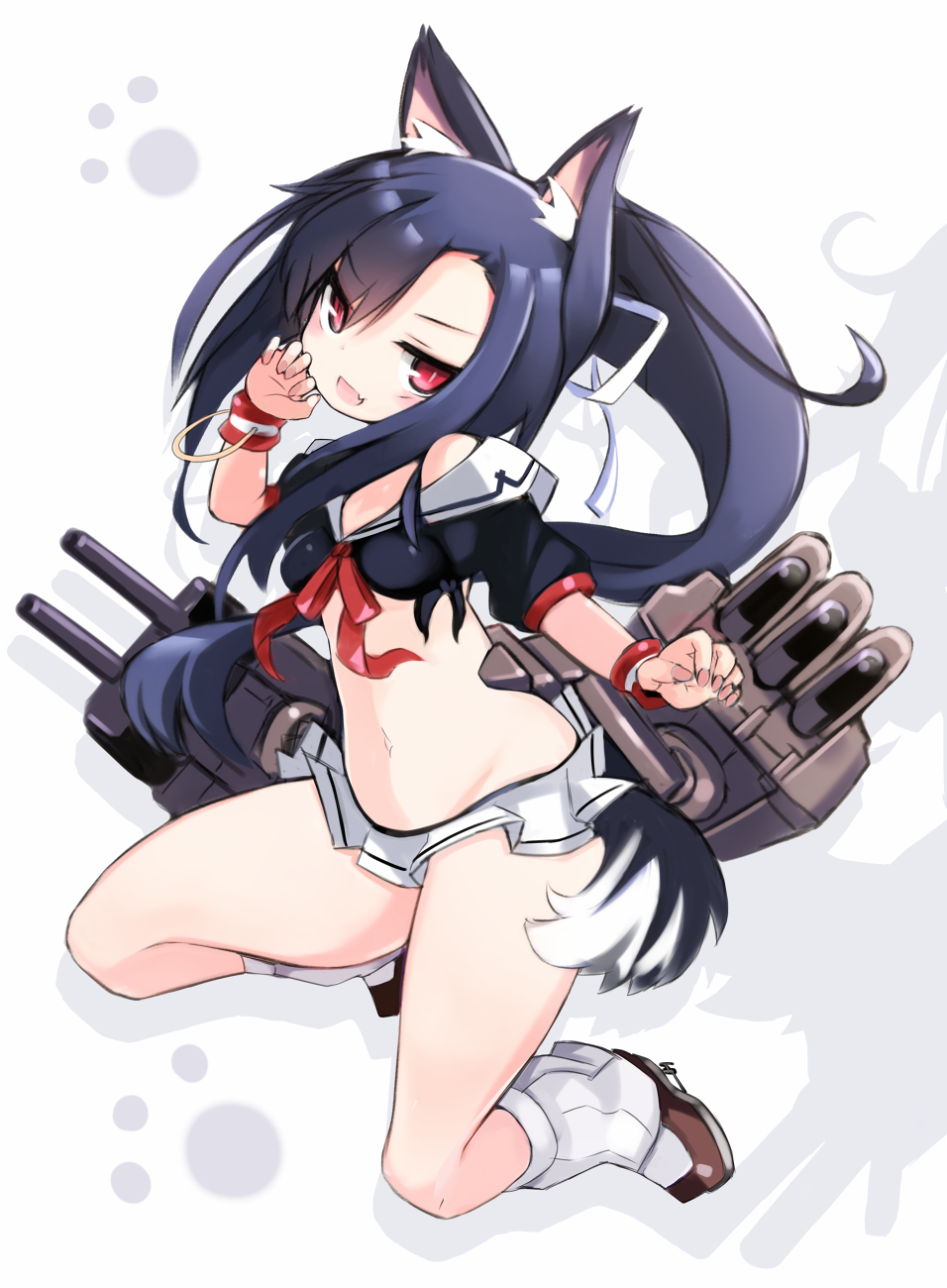 1girl animal_ears asymmetrical_bangs azur_lane bangs bare_legs black_hair black_serafuku breasts brown_footwear crop_top eyebrows_visible_through_hair fang fingernails floating_hair full_body groin hair_between_eyes hair_ribbon hand_up head_tilt highres karukan_(monjya) leg_warmers long_hair looking_at_viewer microskirt navel neck_ribbon open_mouth paw_background pleated_skirt ponytail red_eyes red_ribbon ribbon school_uniform serafuku shadow shigure_(azur_lane) shiny shiny_hair shoes short_sleeves single_bare_shoulder skirt slit_pupils small_breasts solo stomach tail tsurime turret very_long_hair white_background white_ribbon white_skirt wolf_ears wolf_tail wristband