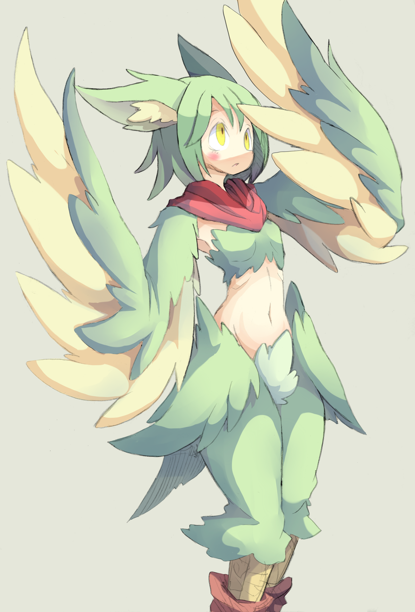 1girl 41n39 animal_ears blush breasts feathered_wings feathers green_feathers green_hair harpy highres midriff monster_girl original scarf simple_background small_breasts solo winged_arms wings yellow_eyes