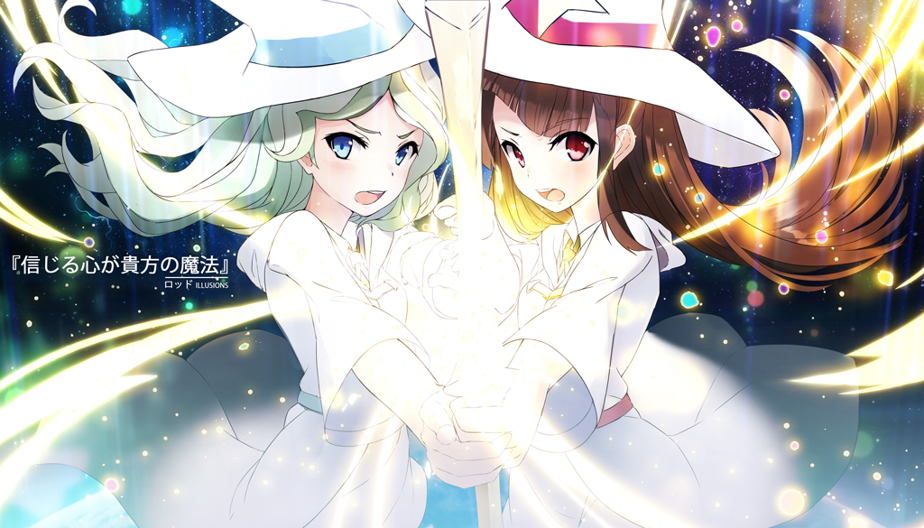 2girls alternate_color artist_name blonde_hair blue_eyes blush brown_hair cowboy_shot diana_cavendish dress eyebrows_visible_through_hair foreshortening from_side glowing glowing_weapon green_hair hat holding holding_weapon kagari_atsuko light light_particles little_witch_academia long_hair long_sleeves looking_at_viewer looking_to_the_side magic multicolored_hair multiple_girls outstretched_arm red_eyes rods round_teeth shiny shiny_hair standing straight_hair teeth translation_request two-tone_hair v-shaped_eyebrows very_long_hair weapon white_dress white_hat witch_hat