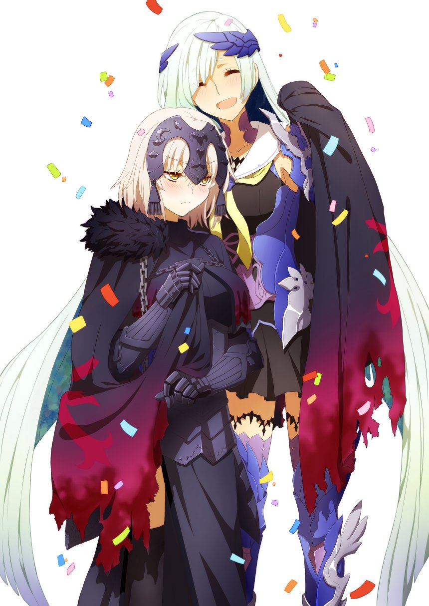 2girls black_cape black_dress black_legwear blonde_hair blue_hair blush brynhildr_(fate) cape chains closed_eyes commentary_request confetti dress fate/grand_order fate_(series) frown gauntlets gradient headpiece highres jeanne_d'arc_(alter)_(fate) jeanne_d'arc_(fate)_(all) long_hair multicolored_hair multiple_girls oiun open_mouth short_hair silver_hair thigh-highs torn_cape very_long_hair white_background yellow_eyes yuri