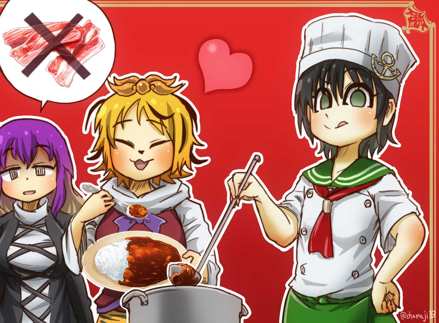 3girls :3 anchor_symbol apron ascot black_hair blonde_hair border brown_hair buttons chamaji chef_hat chef_uniform closed_eyes commentary_request crossed_out curry curry_rice dress eyebrows_visible_through_hair food gradient_hair green_eyes hair_between_eyes hand_on_hip hat heart hijiri_byakuren ladle layered_dress long_hair long_sleeves meat multicolored_hair multiple_girls murasa_minamitsu neck_ribbon open_mouth plate pot purple_hair ribbon rice sailor_collar short_hair short_sleeves simple_background speech_bubble spoon tongue tongue_out toramaru_shou touhou twitter_username