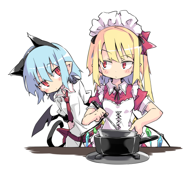 2girls alternate_costume animal_ears ascot bat_wings blonde_hair blue_hair blush cat_ears cat_tail enmaided fake_animal_ears flandre_scarlet hair_ribbon looking_at_another maid maid_headdress multiple_girls noya_makoto pointy_ears red_eyes red_neckwear red_ribbon remilia_scarlet ribbon siblings side_ponytail simple_background sisters tail touhou white_background wings