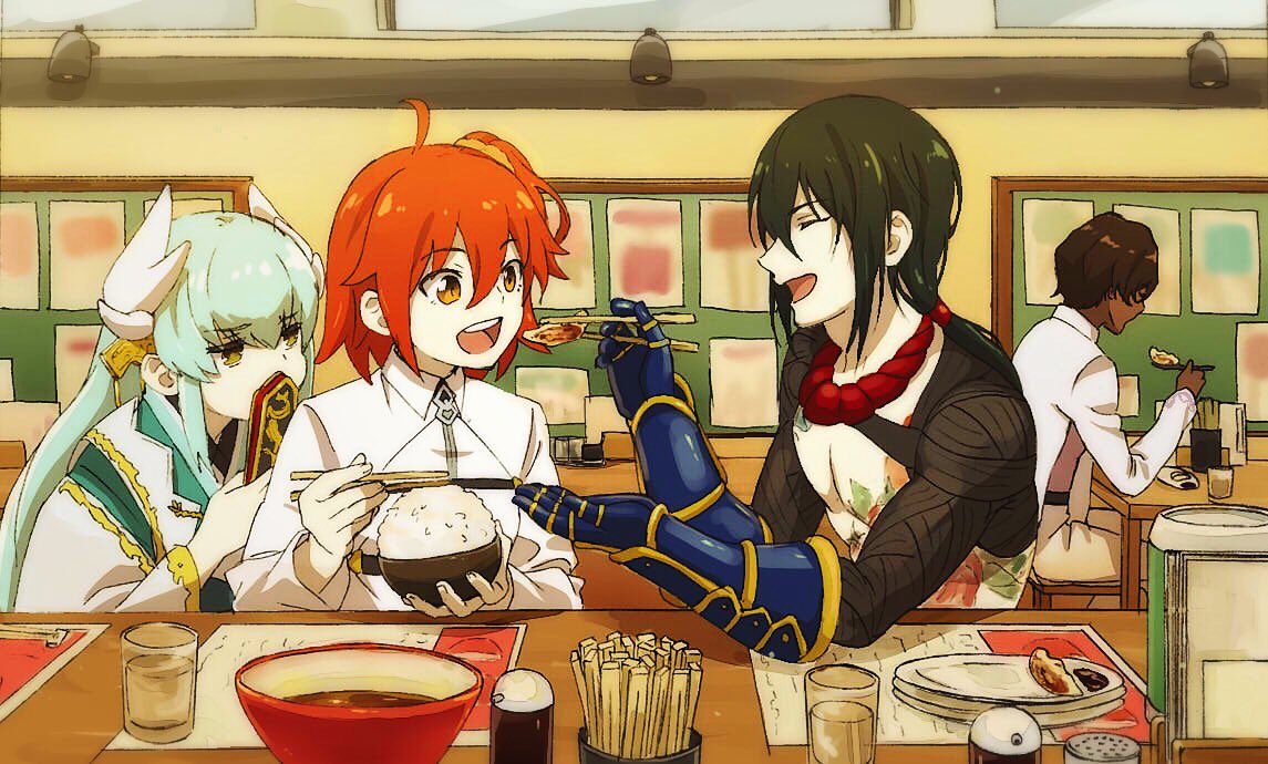 2boys 2girls :d arjuna_(fate/grand_order) blue_hair bowl brown_hair chopsticks closed_eyes commentary_request cup dark_skin dark_skinned_male drinking_glass envy eyebrows_visible_through_hair fan fate/grand_order fate_(series) feeding folding_fan food fujimaru_ritsuka_(female) gauntlets green_hair grey_jacket hair_between_eyes holding indoors jacket japanese_clothes kimono kiyohime_(fate/grand_order) long_hair long_sleeves mi_(pic52pic) multiple_boys multiple_girls one_side_up open_mouth orange_eyes plate redhead rice smile tattoo white_kimono wide_sleeves yan_qing_(fate/grand_order)