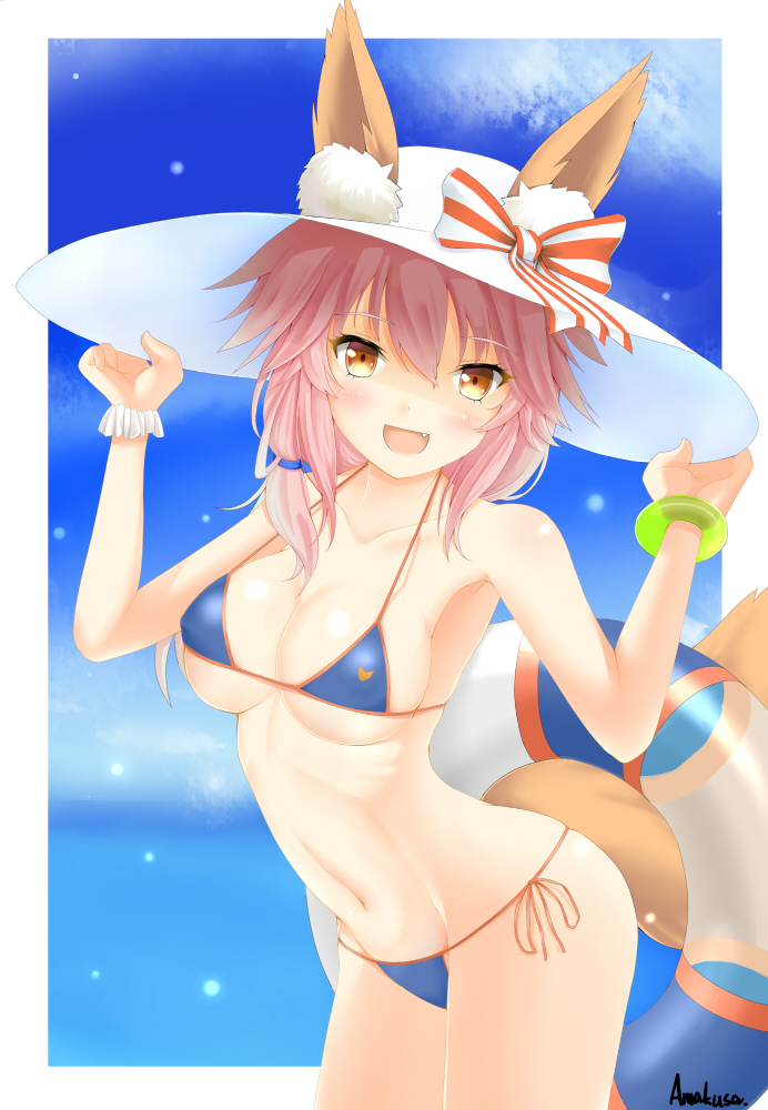 amakusa_shio animal_ears bikini blue_bikini blush breasts cleavage collarbone commentary_request ears_through_headwear eyebrows_visible_through_hair fang fate/grand_order fate_(series) fox_ears fox_tail hat innertube large_breasts looking_at_viewer navel ocean open_mouth outdoors pink_hair shirt side-tie_bikini sun_hat swimsuit tail tamamo_(fate)_(all) tamamo_no_mae_(swimsuit_lancer)_(fate) wet wet_clothes wet_shirt wet_t-shirt yellow_eyes