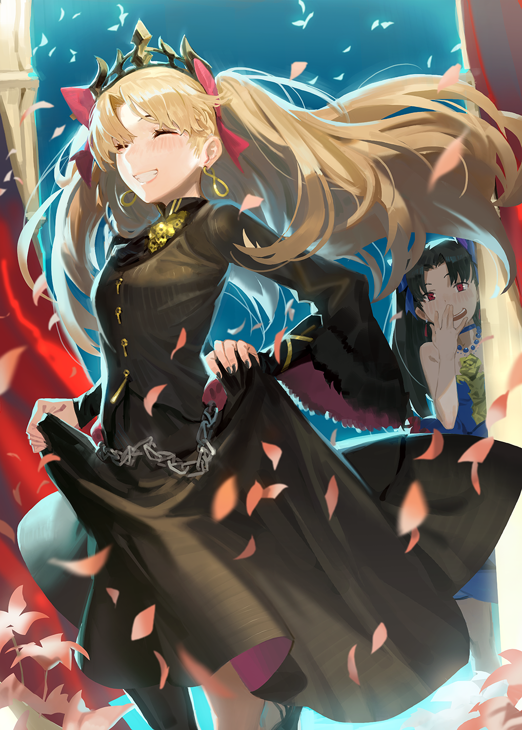 2girls armlet bangs bare_shoulders black_dress black_hair black_skirt blonde_hair blue_dress blue_ribbon chains closed_eyes commentary_request dress earrings ereshkigal_(fate/grand_order) fate/grand_order fate_(series) hair_ribbon highres hoop_earrings ishtar_(fate/grand_order) jewelry lifted_by_self long_hair long_skirt multiple_girls necklace parted_bangs red_eyes red_ribbon ribbon skirt skirt_lift skull sleeveless sleeveless_dress tiara tommy830219 two_side_up