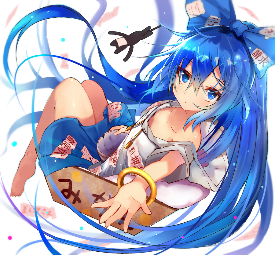 1girl bangle bare_legs barefoot blue_bow blue_eyes blue_hair blue_skirt bow bowl box bracelet broken efe hair_between_eyes hair_bow hood hoodie jewelry long_hair looking_at_viewer mikan_box miniskirt simple_background skirt solo stuffed_animal stuffed_cat stuffed_toy touhou very_long_hair white_background yorigami_shion