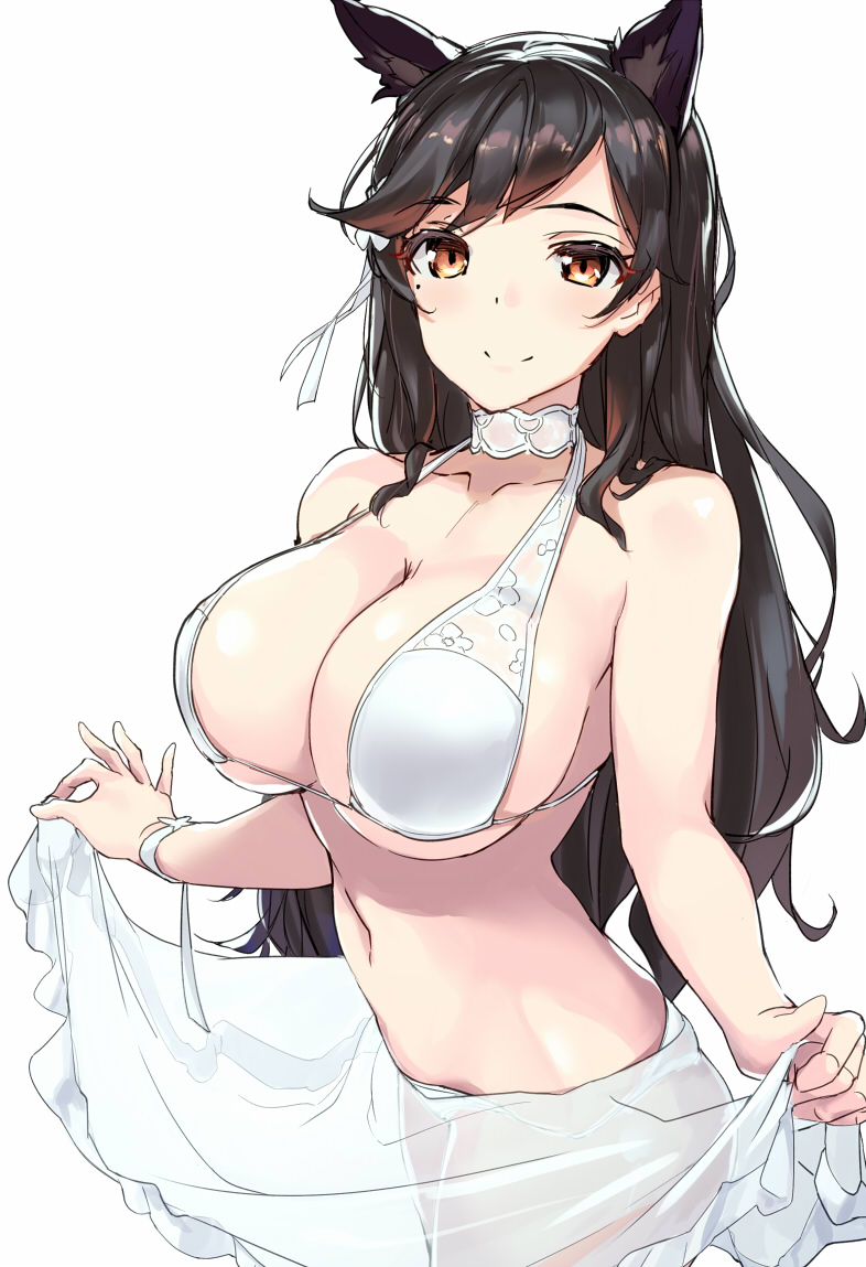 1girl animal_ears atago_(azur_lane) azur_lane bikini black_hair blush breasts cleavage large_breasts long_hair looking_at_viewer mole mole_under_eye navel sarong sarong_lift see-through shimazu_tekkou simple_background smile solo swimsuit white_background white_bikini yellow_eyes