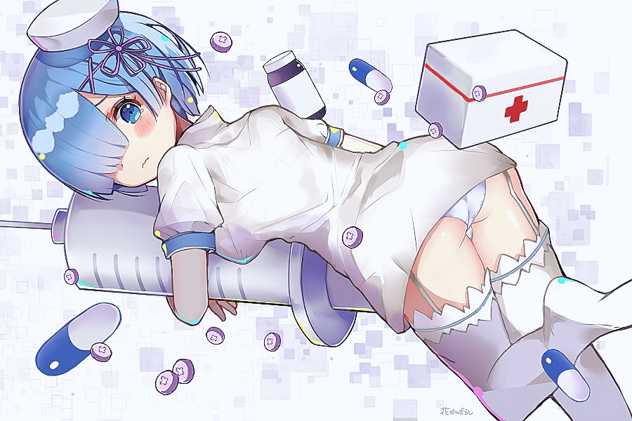 1girl alternate_costume ass blue_eyes blue_hair blush first_aid_kit garter_straps hair_ornament hair_over_one_eye hanakanzarashi hat looking_at_viewer looking_back no_shoes nurse oversized_object panties pill purple_ribbon re:zero_kara_hajimeru_isekai_seikatsu rem_(re:zero) ribbon short_hair solo syringe tears thigh-highs underwear white_legwear white_panties x_hair_ornament