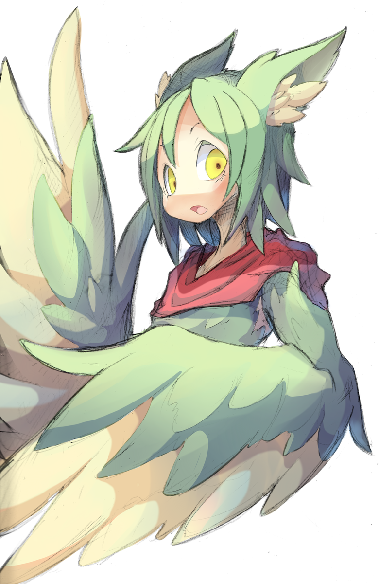 1girl 41n39 animal_ears feathered_wings feathers green_feathers green_hair harpy highres monster_girl open_mouth original scarf solo winged_arms wings yellow_eyes yellow_feathers