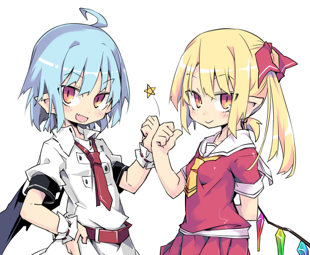 2girls :d ahoge ascot bat_wings blonde_hair blue_hair closed_mouth commentary_request flandre_scarlet hair_ribbon looking_at_another multiple_girls no_hat no_headwear noya_makoto open_mouth pointy_ears red_eyes red_neckwear red_ribbon remilia_scarlet ribbon short_hair short_sleeves siblings side_ponytail simple_background sisters smile touhou white_background wings wrist_cuffs yellow_neckwear