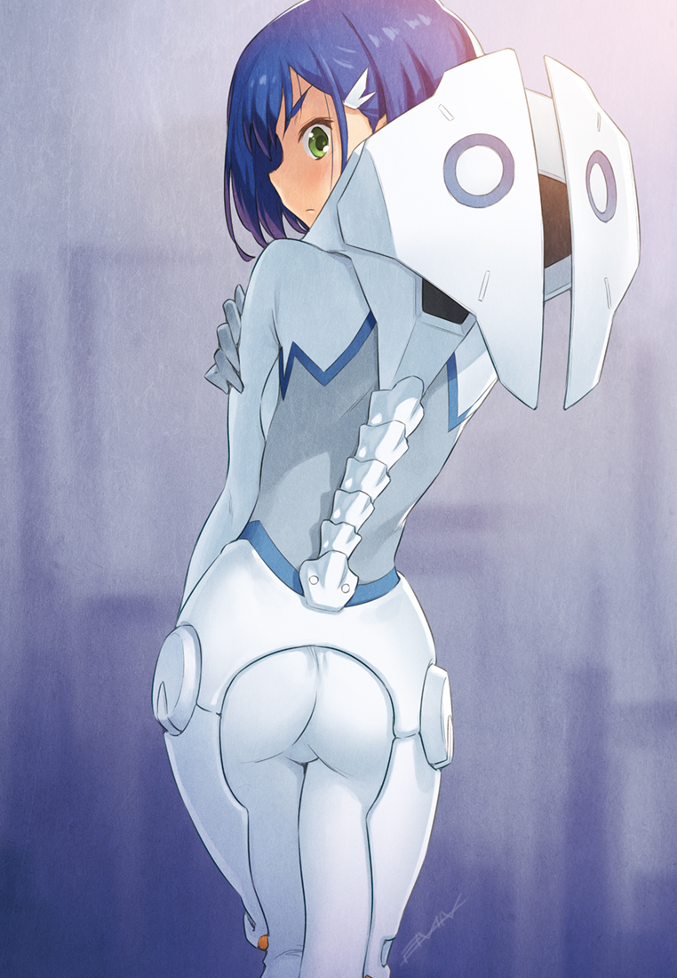 1girl arm_at_side ass blue_hair bodysuit breasts closed_mouth commentary darling_in_the_franxx eyebrows_visible_through_hair from_behind frown green_eyes hair_ornament hair_over_one_eye hairclip hand_on_own_shoulder ichigo_(darling_in_the_franxx) kazuma_muramasa legs_together looking_at_viewer looking_back pilot_suit shiny shiny_hair short_hair signature skin_tight solo standing white_bodysuit