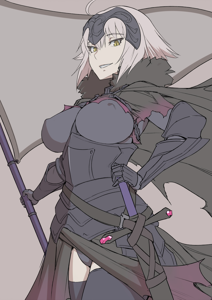 1girl ahoge armor armored_dress black_dress black_gloves black_legwear blonde_hair breasts cape chains commentary_request dress erect_nipples eyebrows_visible_through_hair fate/grand_order fate_(series) flag fur_trim gauntlets gloves hand_on_hip headpiece highres jeanne_d'arc_(alter)_(fate) jeanne_d'arc_(fate)_(all) large_breasts looking_at_viewer mikoyan short_hair simple_background solo standing sword thigh-highs weapon yellow_eyes