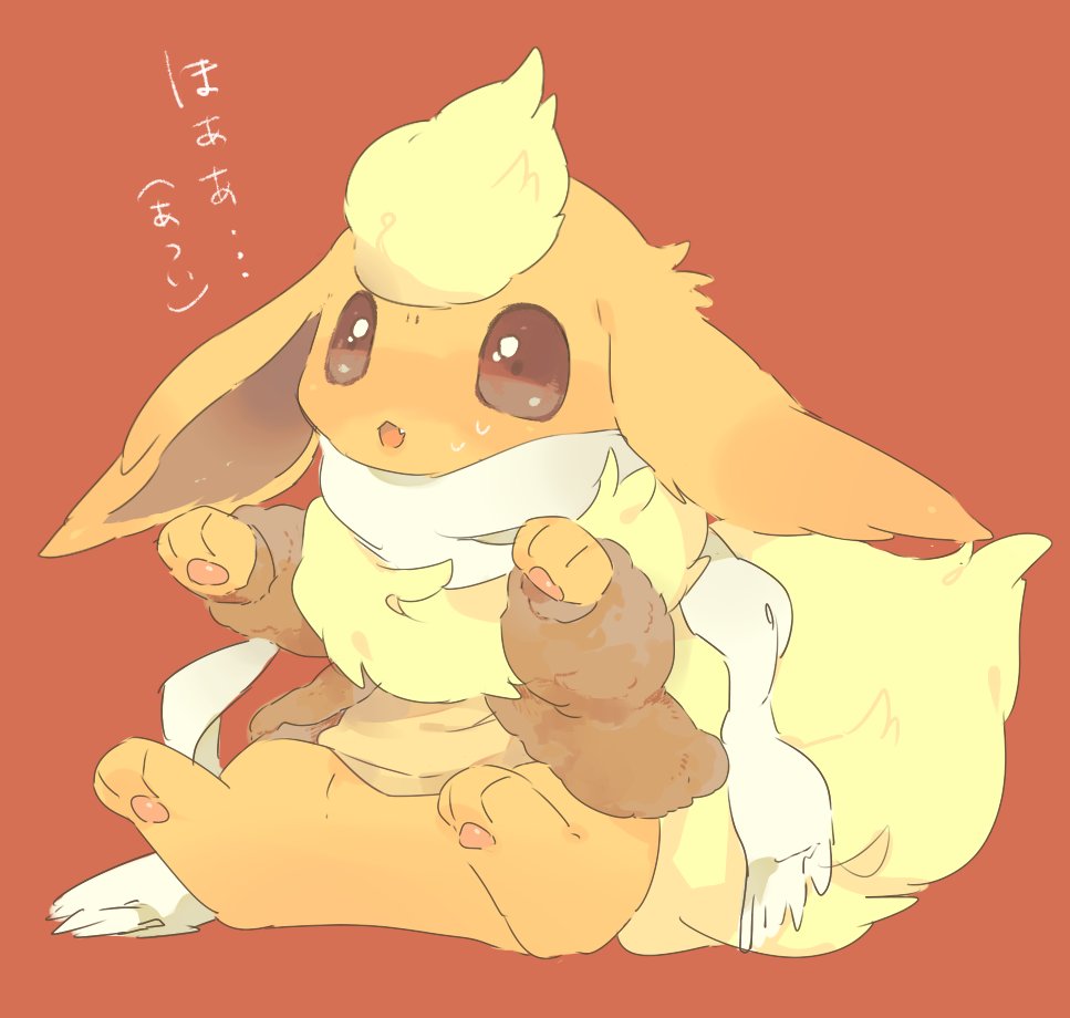 :o brown_eyes brown_jacket clothed_pokemon commentary_request fang flareon full_body hideko_(l33l3b) jacket long_sleeves no_humans open_clothes open_jacket paws pokemon pokemon_(creature) scarf sitting solo sweatdrop white_scarf