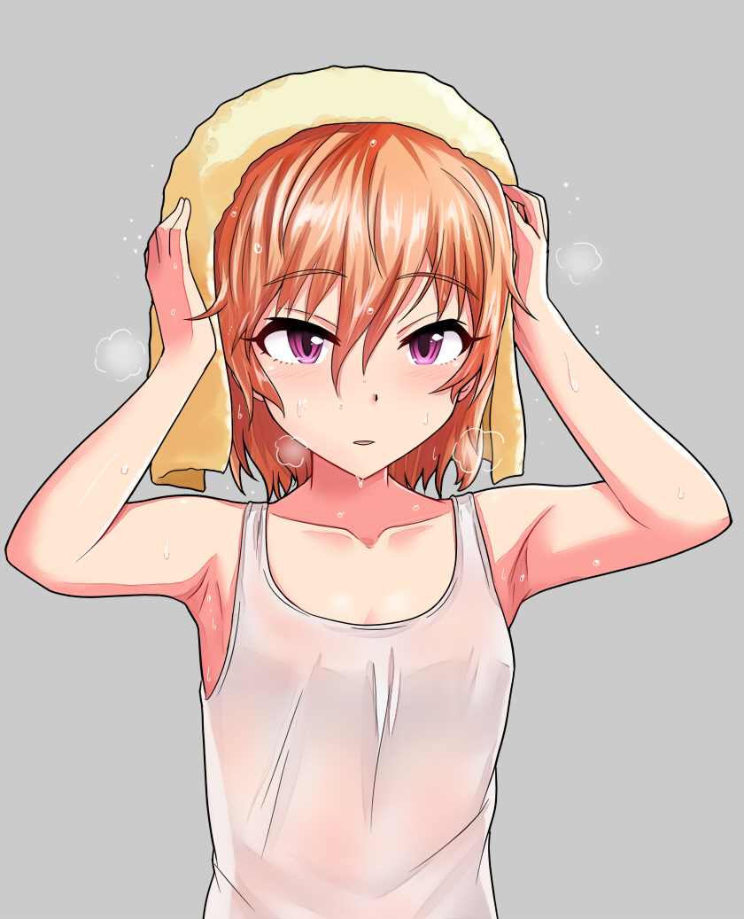 1girl alternate_hairstyle armpits arms_up bangs bare_arms bare_shoulders blush collarbone drying drying_hair eyebrows_visible_through_hair eyelashes grey_background hair_between_eyes idolmaster idolmaster_cinderella_girls looking_at_viewer momoda_yasuhito ninomiya_asuka orange_hair panties pink_eyes shiny shiny_hair short_hair simple_background sleeveless solo tank_top towel towel_on_head underwear upper_body water_drop wet wet_hair