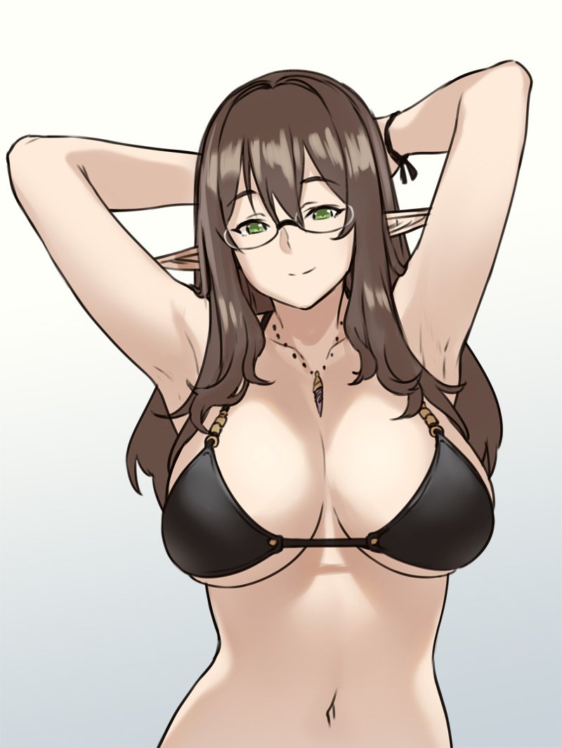 1girl armpits arms_behind_head arms_up bangs bikini_top breasts brown_hair cleavage collarbone commentary_request elf eyebrows_visible_through_hair glasses gradient gradient_background green_eyes houtengeki jewelry large_breasts long_hair looking_at_viewer navel necklace original pointy_ears simple_background smile solo upper_body