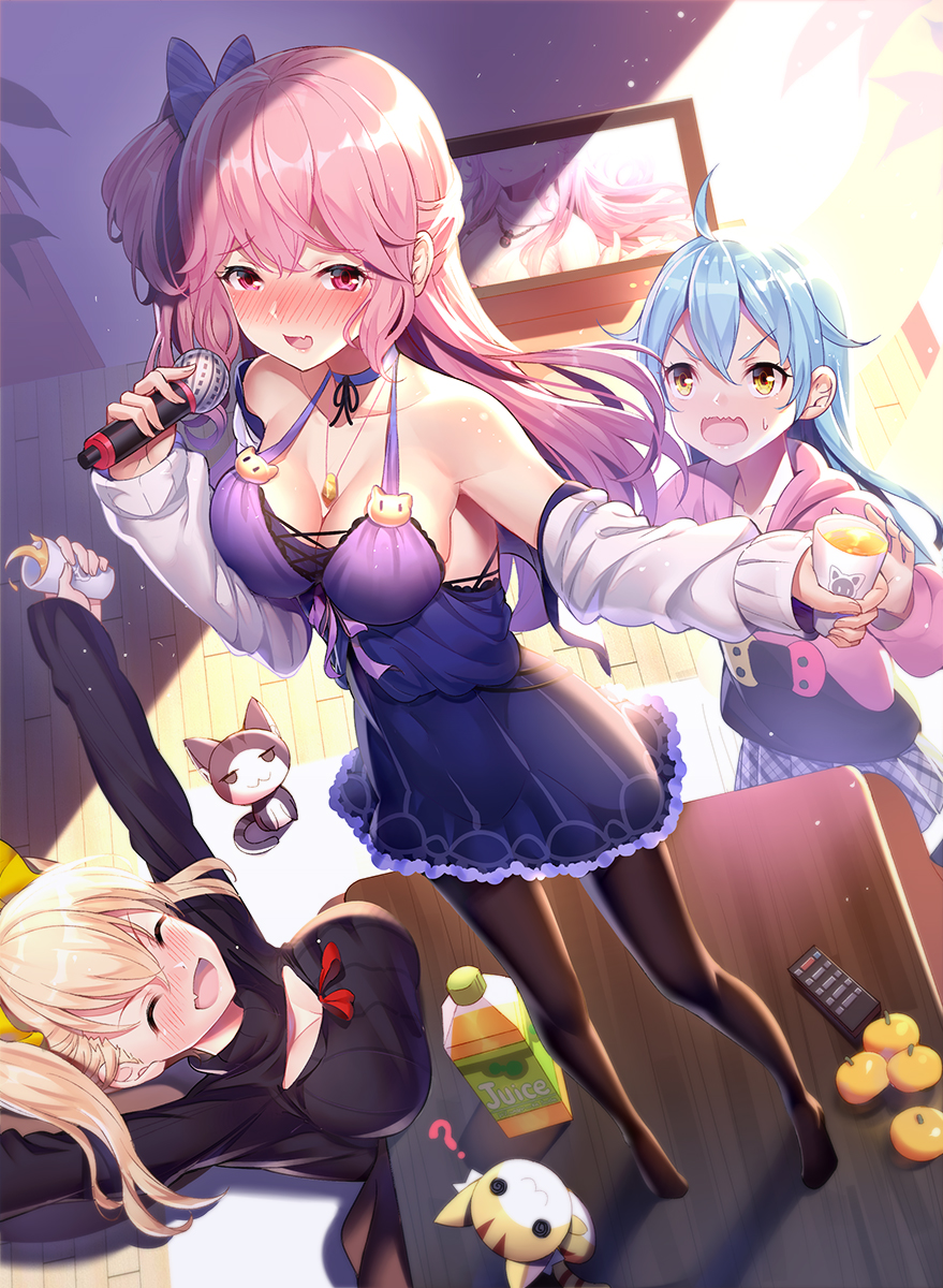 3girls :d ? ahoge animal bangs bare_shoulders black_legwear black_sweater blonde_hair blue_choker blue_hair blush bow breasts cat character_request choker cleavage cleavage_cutout collarbone commentary_request controller cup dress drink drinking_glass emily_stock eyebrows_visible_through_hair fang fingernails flat_screen_tv food fruit grey_skirt hair_between_eyes hair_bow halterneck highres holding holding_drinking_glass holding_microphone hood hood_down hoodie indoors jacket jewelry juice kotatsu large_breasts long_hair long_sleeves microphone multiple_girls no_shoes nose_blush off_shoulder on_table one_side_up open_mouth orange original outstretched_arms pantyhose pendant pink_hair pink_hoodie plaid plaid_skirt pleated_skirt purple_bow purple_dress red_eyes remote_control ririko_(zhuoyandesailaer) short_dress siblings sisters sitting skirt sleeveless sleeveless_dress sleeves_past_wrists smile standing sunlight sweater table television v-shaped_eyebrows very_long_hair white_jacket wooden_floor yellow_bow yellow_eyes