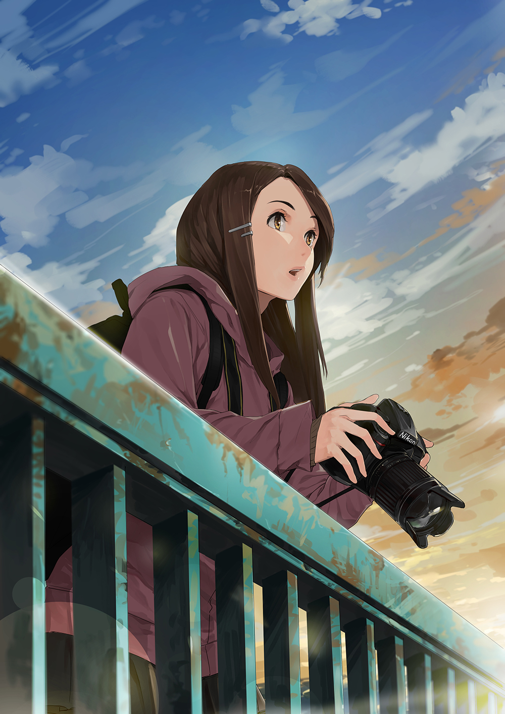 1girl against_railing awestruck backpack bag blurry bokeh brown_eyes brown_hair camera commentary_request depth_of_field hair_ornament hairclip highres holding holding_camera hood hooded_jacket jacket long_hair looking_afar original parted_lips railing sky solo somehira_katsu sunset