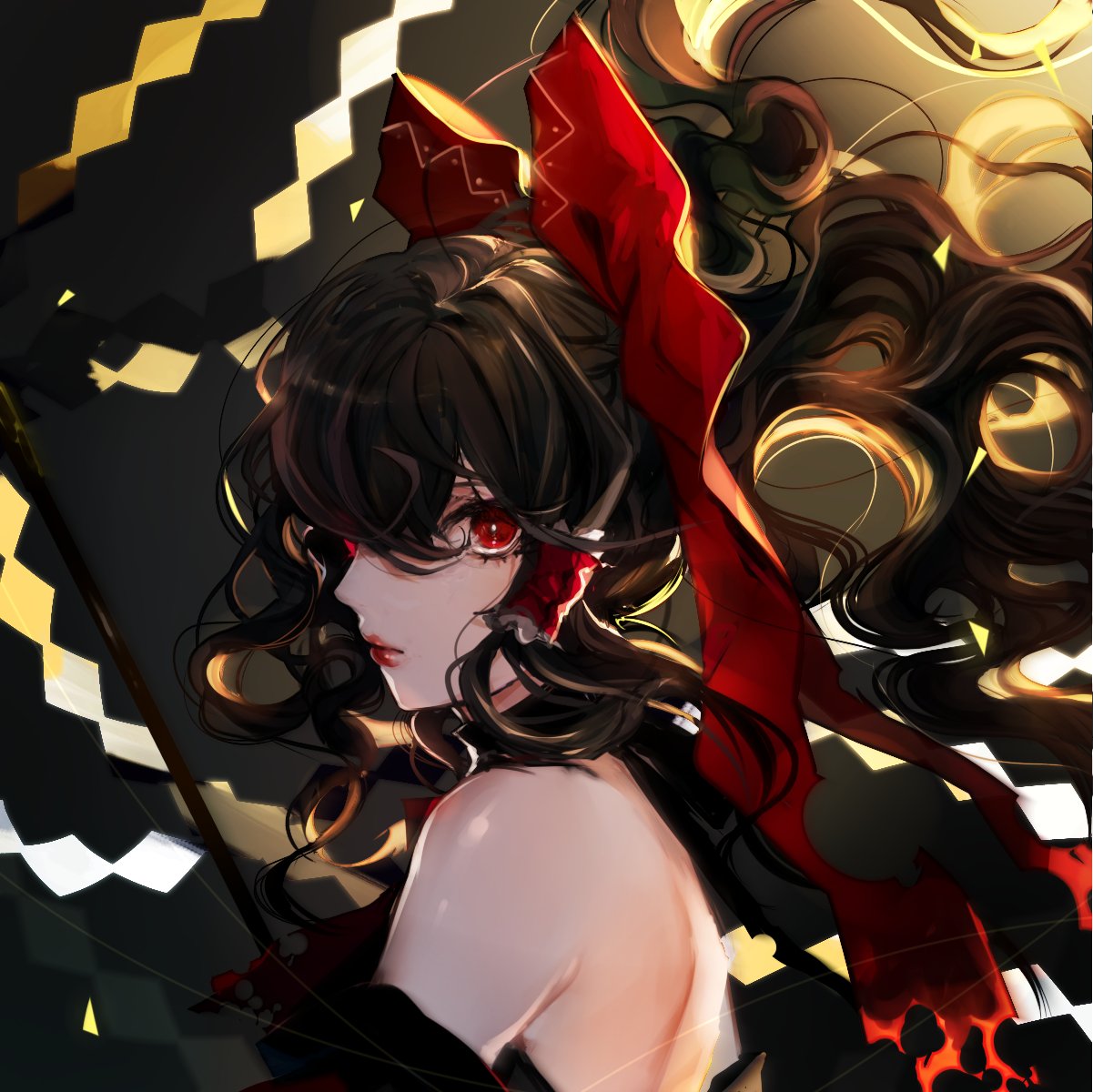 1girl alternate_costume backlighting bare_shoulders black_background black_hair bow daimaou_ruaeru eyelashes floating_hair from_side gohei gradient gradient_background hair_bow hair_over_one_eye hair_tubes hakurei_reimu highres lips lipstick long_hair makeup red_bow red_eyes red_lipstick shide solo touhou upper_body yellow_background