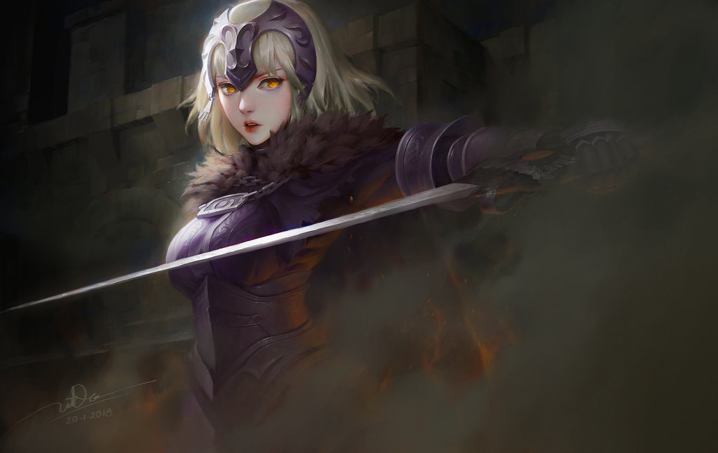 1girl architecture armor armored_dress black_dress black_gloves blonde_hair breasts check_character dao_trong_le dated dress fate/grand_order fate_(series) fur_trim gauntlets gloves jeanne_d'arc_(alter)_(fate) jeanne_d'arc_(fate)_(all) lips looking_at_viewer medium_breasts open_mouth parted_lips red_lips short_hair signature solo yellow_eyes