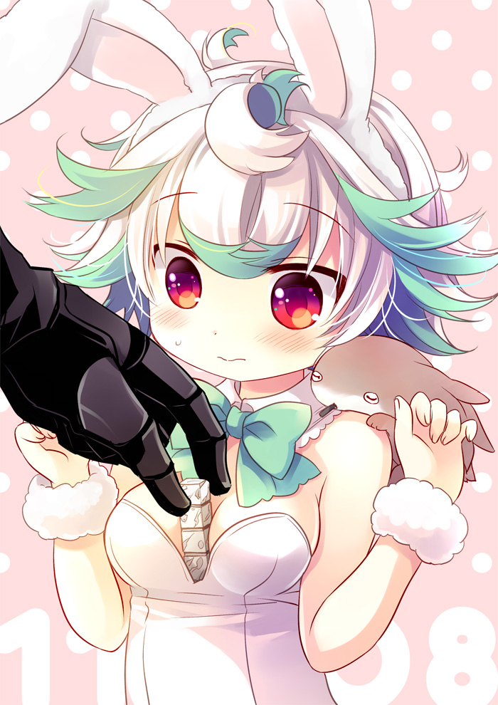 1boy 1girl animal_ears bare_shoulders between_breasts blush bondrewd bow bowtie breasts bunnysuit closed_mouth eyebrows_visible_through_hair fake_animal_ears fur_trim gauntlets green_hair green_neckwear hairband hands_up leotard looking_at_another made_in_abyss meinya_(made_in_abyss) multicolored_hair pink_background polka_dot polka_dot_background prushka rabbit_ears red_eyes sakurazawa_izumi short_hair small_breasts streaked_hair upper_body white_hair white_leotard wristband