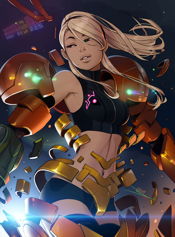 1girl looking_to_the_side metroid mike_nesbitt mole mole_under_mouth navel parted_lips ponytail samus_aran solo stomach sunlight upper_body varia_suit