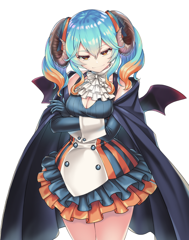 1girl bettle_(b_s_a_n) black_cape black_gloves breasts brown_eyes brown_hair cape closed_mouth cowboy_shot crossed_arms demon_horns demon_wings dress eyebrows_visible_through_hair gloves green_hair hair_between_eyes head_tilt horns lapis_(sennen_sensou_aigis) layered_skirt light_smile long_hair looking_at_viewer medium_breasts multicolored_hair sennen_sensou_aigis sidelocks simple_background solo standing twintails two-tone_hair white_background wings wrist_cuffs
