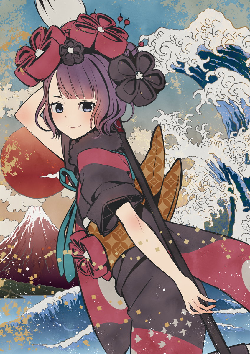 1girl arm_up blue_eyes blush brush closed_mouth clouds fate/grand_order fate_(series) from_side highres japanese_clothes kanno_sayu katsushika_hokusai_(fate/grand_order) kimono mountain obi purple_hair sash short_hair sky smile solo water waving