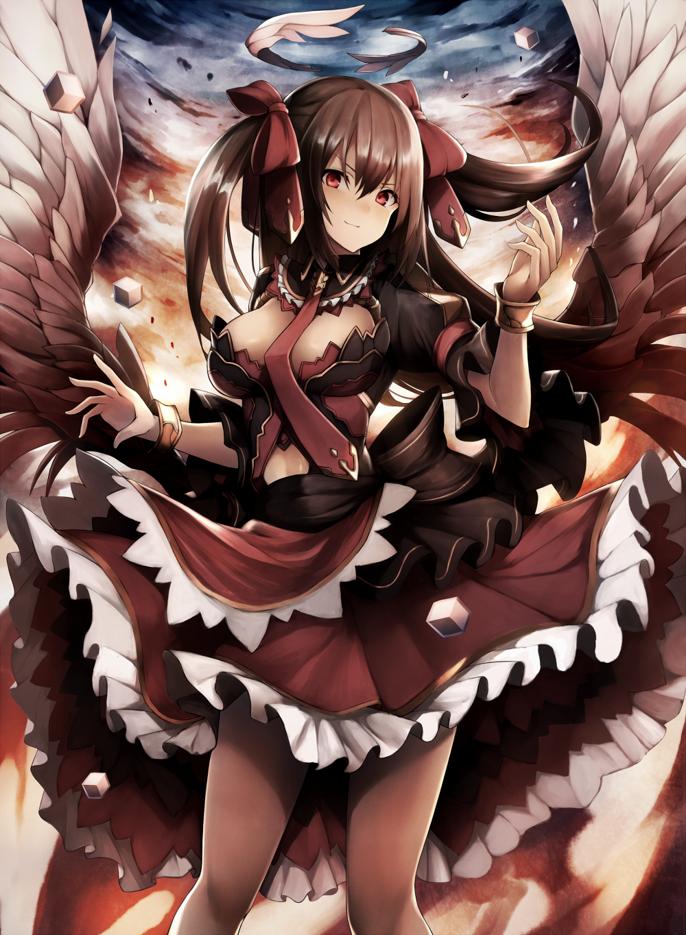 &gt;:) 1girl angel angel_wings bangs black_hair blush bow bracelet breasts closed_mouth commentary_request cowboy_shot dress frilled_dress frills hair_bow halo highres inaba_sunimi jewelry large_breasts layered_dress long_hair looking_at_viewer necktie original pantyhose puffy_short_sleeves puffy_sleeves red_bow red_eyes red_neckwear sash short_sleeves smile solo two_side_up v-shaped_eyebrows wings