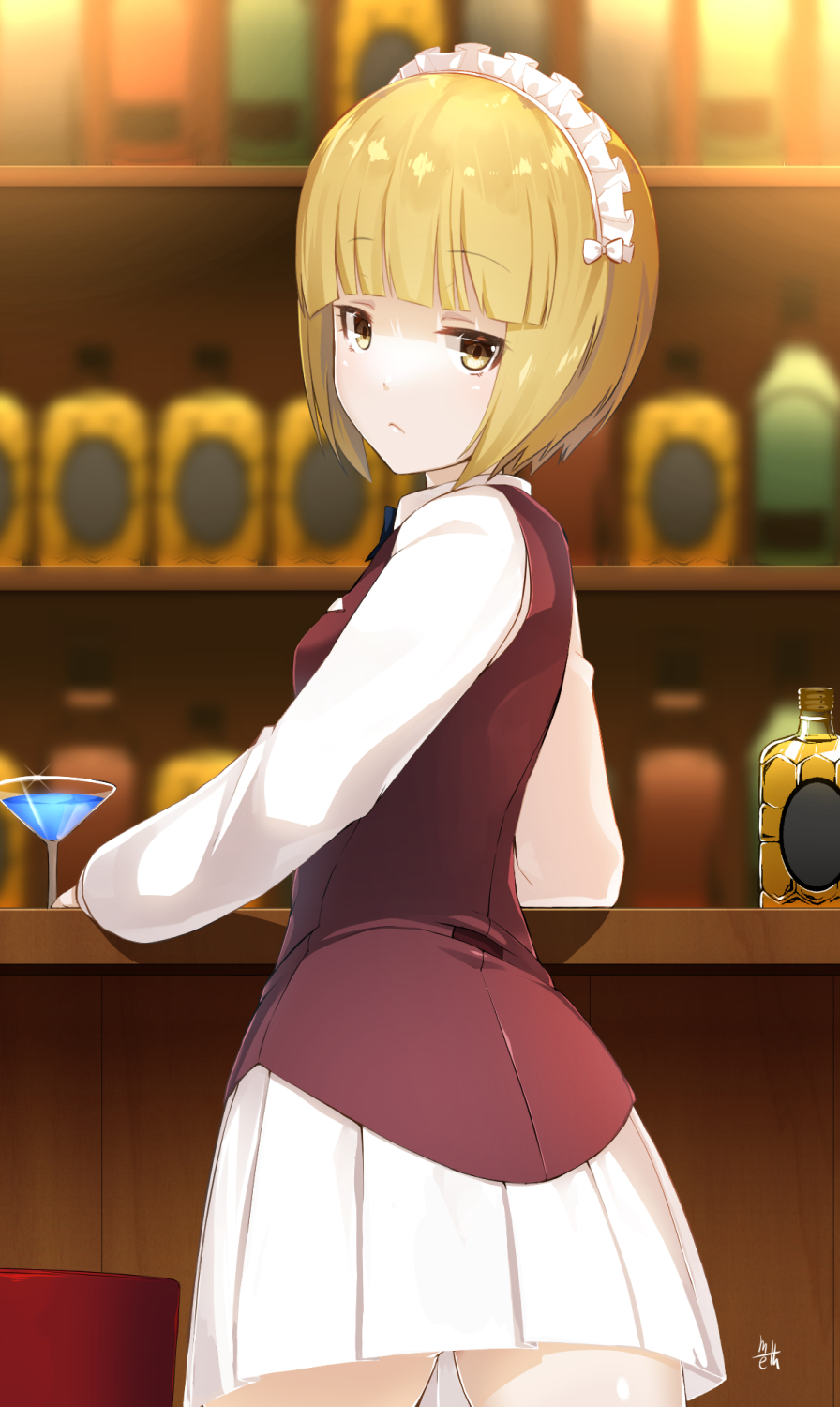 1girl bangs bar_stool blonde_hair blunt_bangs brown_eyes cocktail_glass commentary_request counter cup cutlass_(girls_und_panzer) drinking_glass expressionless eyebrows_visible_through_hair from_behind girls_und_panzer highres light_brown_eyes liquor long_sleeves looking_at_viewer looking_back maid_headdress meth_(emethmeth) shiny shiny_skin shirt skirt solo standing stool vest white_shirt yellow_eyes