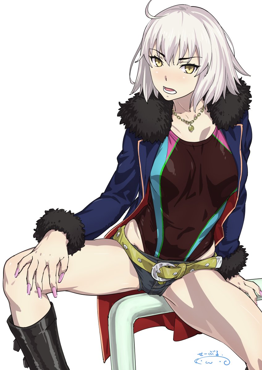 1girl belt blonde_hair competition_swimsuit eyebrows_visible_through_hair fate/grand_order fate_(series) fur_trim highres jacket jeanne_d'arc_(alter)_(fate) jeanne_d'arc_(fate)_(all) med one-piece_swimsuit open_mouth short_hair short_shorts shorts solo spread_legs suna swimsuit swimsuit_under_clothes yellow_eyes