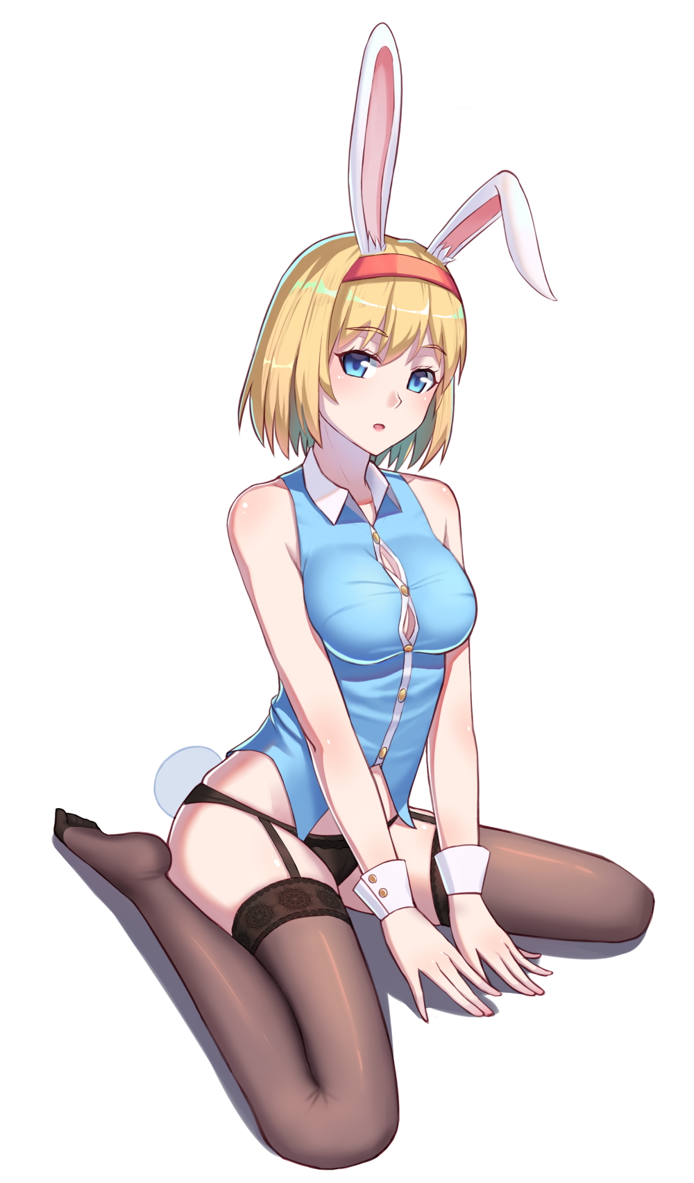 1girl alice_margatroid animal_ears bangs bare_arms bare_shoulders black_legwear black_panties blonde_hair blue_eyes breasts bunny_tail buttons du_mogu eyebrows_visible_through_hair full_body garter_straps hairband highres looking_at_viewer medium_breasts no_pants panties rabbit_ears red_hairband short_hair sitting solo tail thigh-highs touhou underwear v_arms wariza wing_collar wrist_cuffs