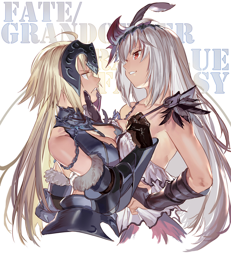 2girls annoyed breasts cleavage clothes_grab crossover dark_jeanne fate_(series) granblue_fantasy hand_on_another's_face holy_pumpkin jeanne_d'arc_(alter)_(fate) jeanne_d'arc_(fate)_(all) jeanne_d'arc_(granblue_fantasy) multiple_girls namesake smirk upper_body