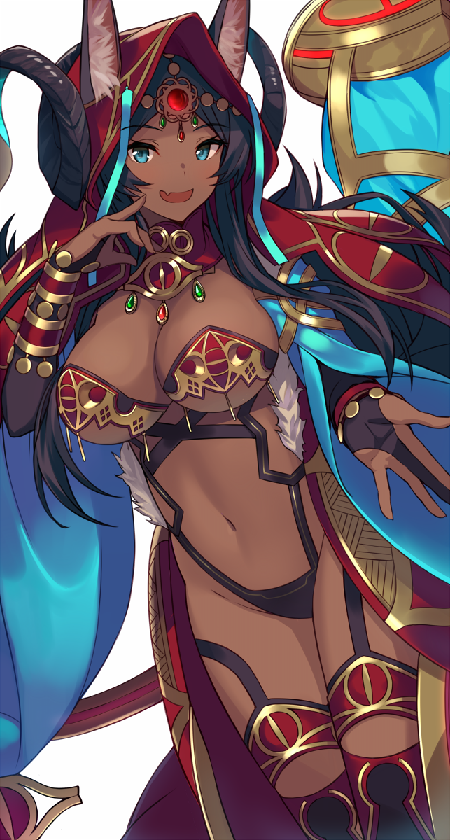 1girl animal_ears aqua_eyes breasts bridal_gauntlets cleavage commentary_request dark_skin ears_through_headwear fang fate/grand_order fate_(series) finger_to_face fur_trim gem head_chain highres hood horns jewelry large_breasts long_hair looking_at_viewer navel open_mouth queen_of_sheba_(fate/grand_order) simple_background smile solo sukebewe white_background