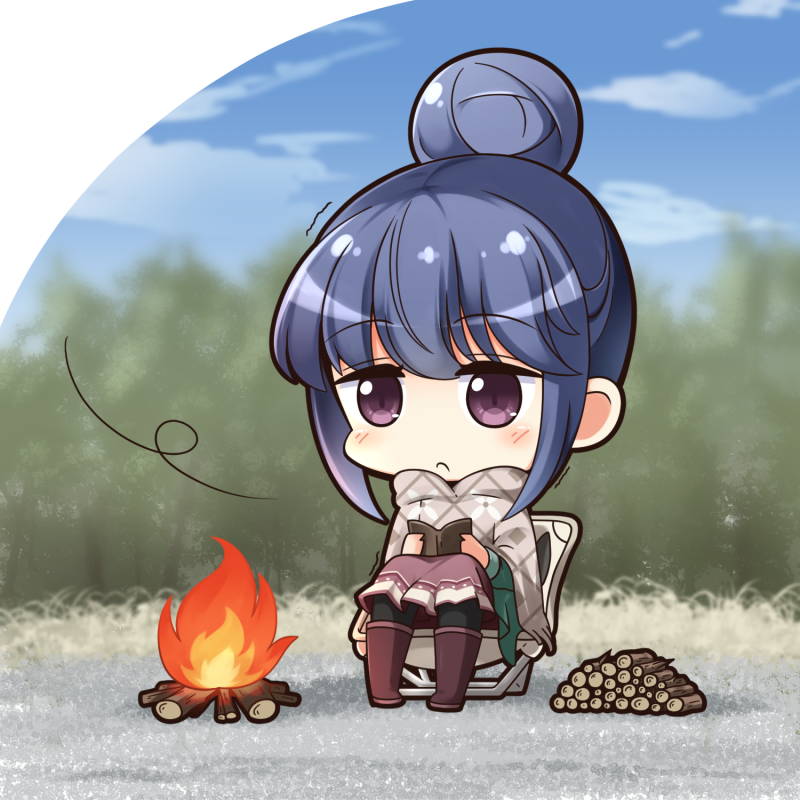 1girl bangs black_legwear blue_hair blue_sky blush book boots brown_footwear brown_skirt campfire chibi closed_mouth clouds commentary_request day eyebrows_visible_through_hair firewood hair_between_eyes hair_bun holding holding_book long_sleeves outdoors pantyhose reading shachoo. shima_rin sitting skirt sky solo trembling violet_eyes wind yurucamp