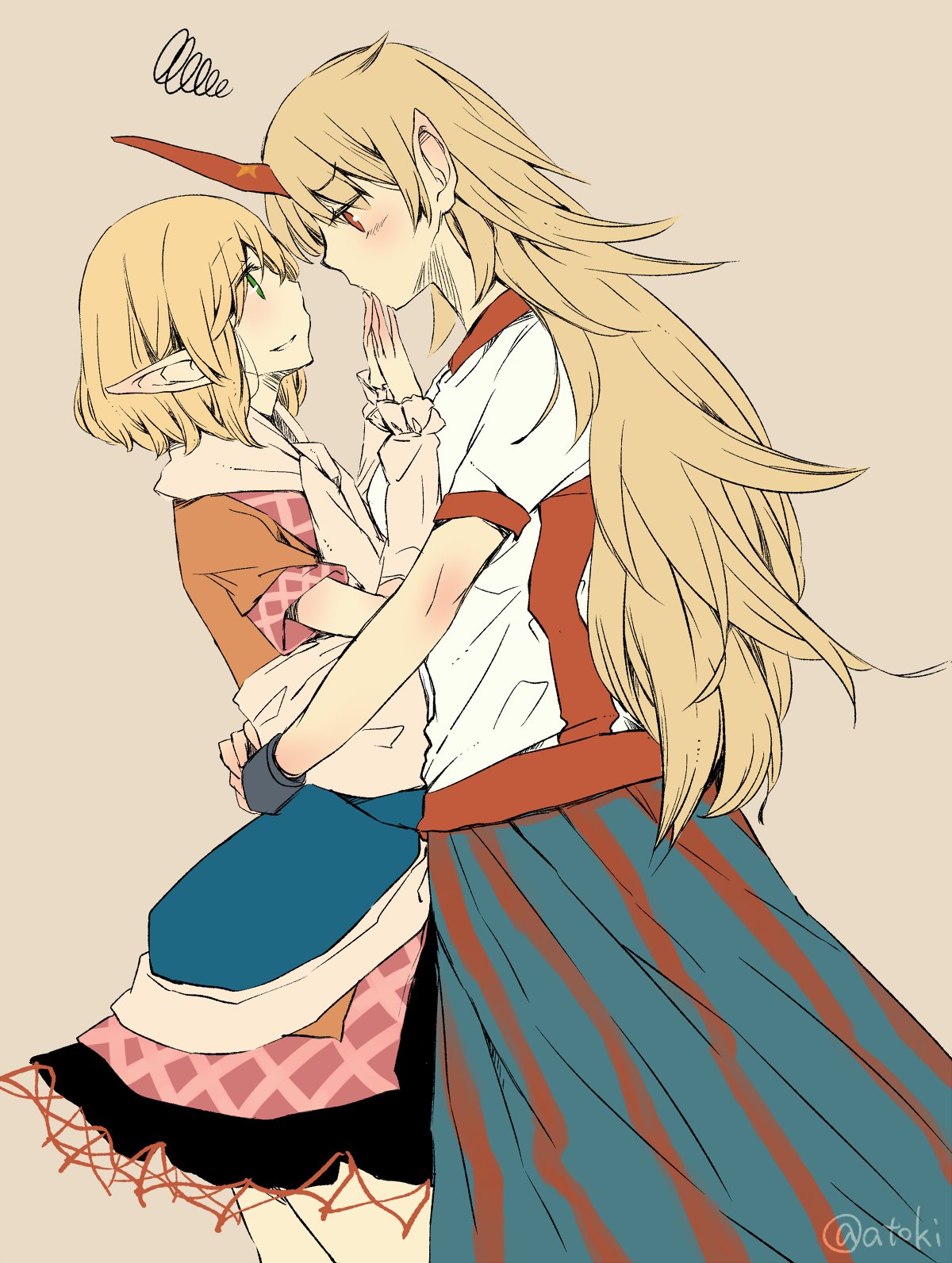 2girls atoki blush brown_shirt commentary_request covering_another's_mouth face-to-face finger_to_another's_mouth from_side green_eyes highres horn hoshiguma_yuugi hug long_hair long_skirt looking_at_another mizuhashi_parsee multiple_girls pointy_ears red_eyes shirt short_hair short_sleeves skirt squiggle tan_background touhou twitter_username white_shirt yuri