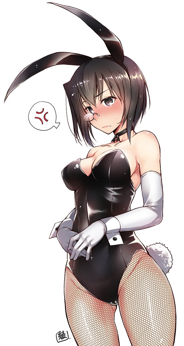 1girl anger_vein animal_ears ayano_naoto bare_shoulders black_eyes black_hair blush breasts bunny_tail bunnysuit choker cleavage elbow_gloves girls_und_panzer gloves gluteal_fold groin highres kawashima_momo medium_breasts monocle rabbit_ears short_hair sideboob solo standing tail thighs wrist_cuffs