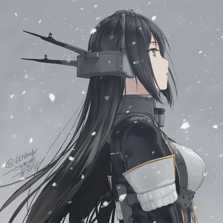 1girl :o black_hair breasts brown_eyes commentary_request dated elbow_gloves from_side gloves grey_background headgear kantai_collection large_breasts long_hair looking_up nagato_(kantai_collection) parted_lips rokuwata_tomoe signature snowing solo twitter_username upper_body