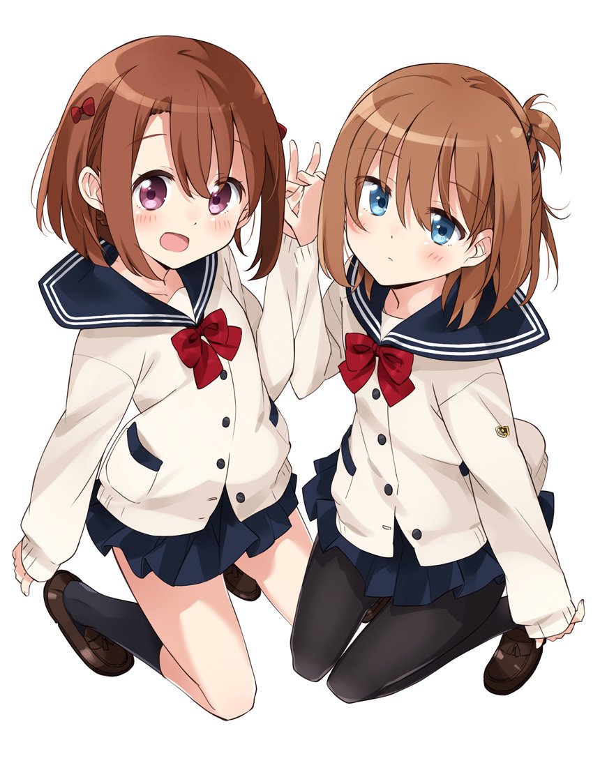 2girls :d bangs black_legwear blue_eyes blue_skirt blush brown_footwear brown_hair cardigan closed_mouth commentary_request copyright_request eyebrows_visible_through_hair fingernails hair_between_eyes hand_holding interlocked_fingers kneehighs kneeling loafers long_sleeves looking_at_viewer mousou_(mousou_temporary) multiple_girls one_side_up open_mouth pantyhose pleated_skirt school_uniform serafuku shoes short_hair simple_background skirt sleeves_past_wrists smile violet_eyes white_background