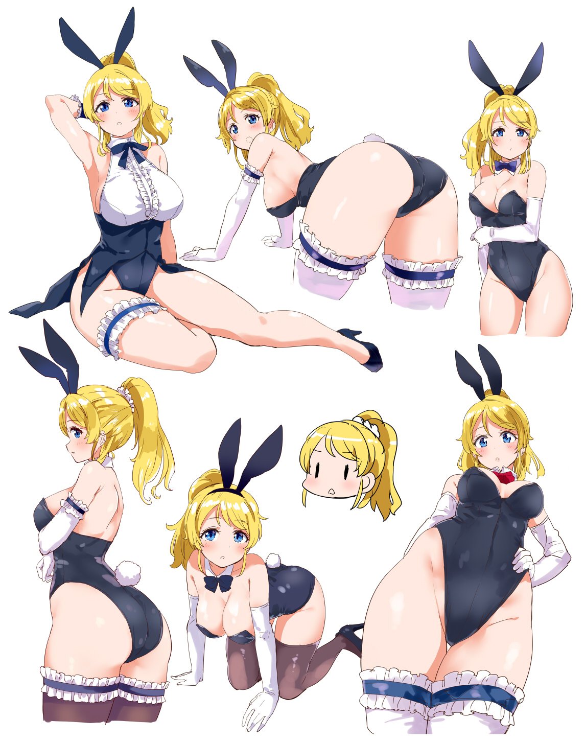 1girl all_fours animal_ears ass ayase_eli bare_arms bare_shoulders bent_over black_footwear black_legwear blonde_hair blue_eyes breasts bunny_tail bunnysuit center_frills cleavage detached_collar detached_sleeves elbow_gloves eyebrows_visible_through_hair fake_animal_ears from_side gloves hair_ornament hair_scrunchie hairband hand_on_hip hanging_breasts high_heels highleg highleg_leotard highres kneeling kurokawa_makoto large_breasts leg_garter leotard long_hair looking_at_viewer love_live! love_live!_school_idol_project multiple_views neck_ribbon ponytail rabbit_ears ribbon scrunchie shoes simple_background sitting tail thigh-highs thigh_gap white_background white_gloves white_legwear wrist_cuffs