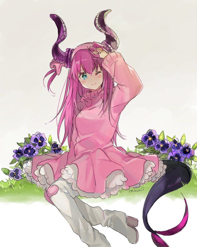 1girl alternate_costume artist_name boots closed_mouth commentary dress elizabeth_bathory_(fate) elizabeth_bathory_(fate)_(all) eyebrows_visible_through_hair fate/grand_order fate_(series) fingernails flower frilled_dress frills green_eyes grey_background hand_up high_heel_boots high_heels horn_ornament horns long_hair long_sleeves looking_at_viewer mochii one_eye_closed pink_dress pink_hair sharp_fingernails signature simple_background sitting solo tail white_footwear