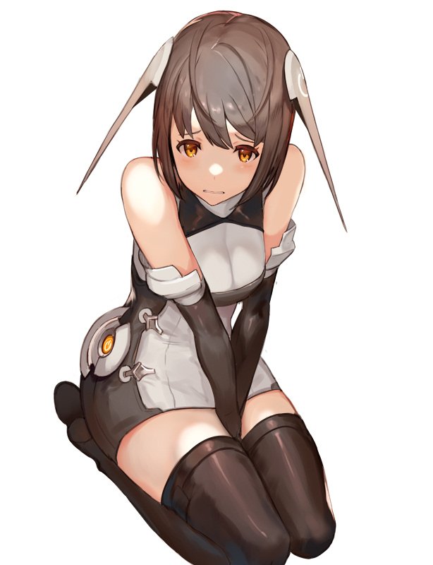 1girl bare_shoulders between_legs black_legwear blush breasts brown_eyes brown_hair cleavage commentary_request copyright_request detached_sleeves dress embarrassed full_body grey_dress hand_between_legs headgear keemu_(occhoko-cho) looking_at_viewer medium_breasts see-through seiza short_dress short_hair simple_background sitting solo thigh-highs white_background